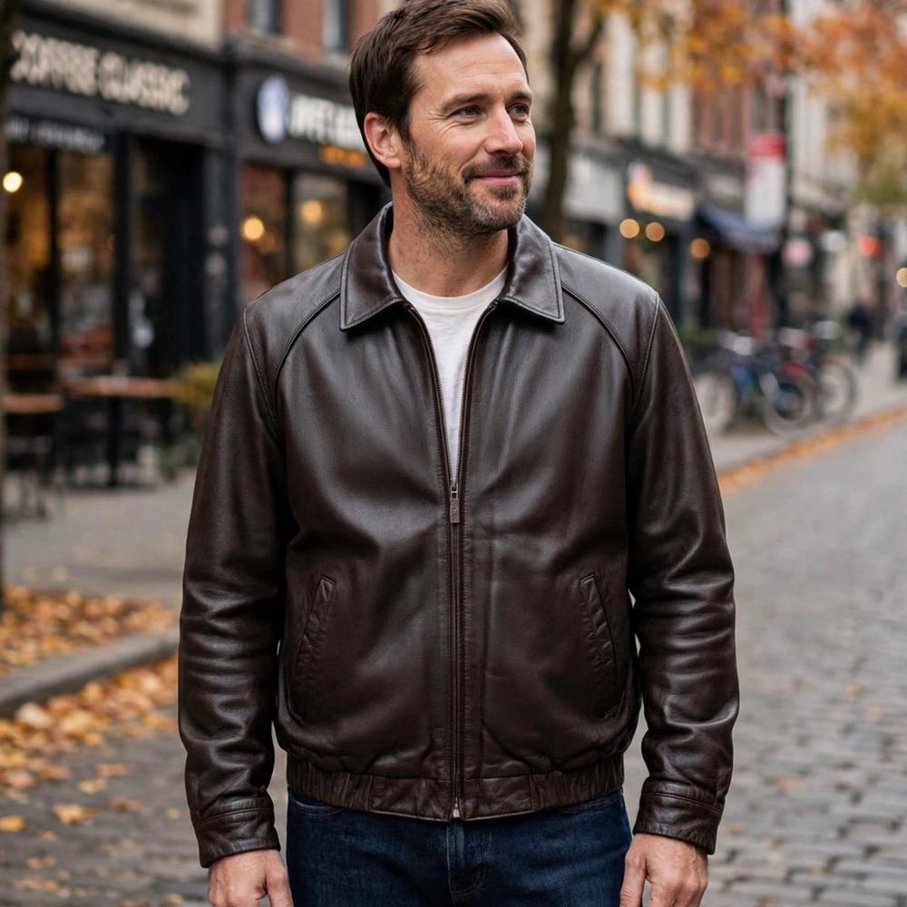 IZOD Leather Bomber Jacket Mens Large Brown Full Zip Plaid Lined Raglan Sleeve
